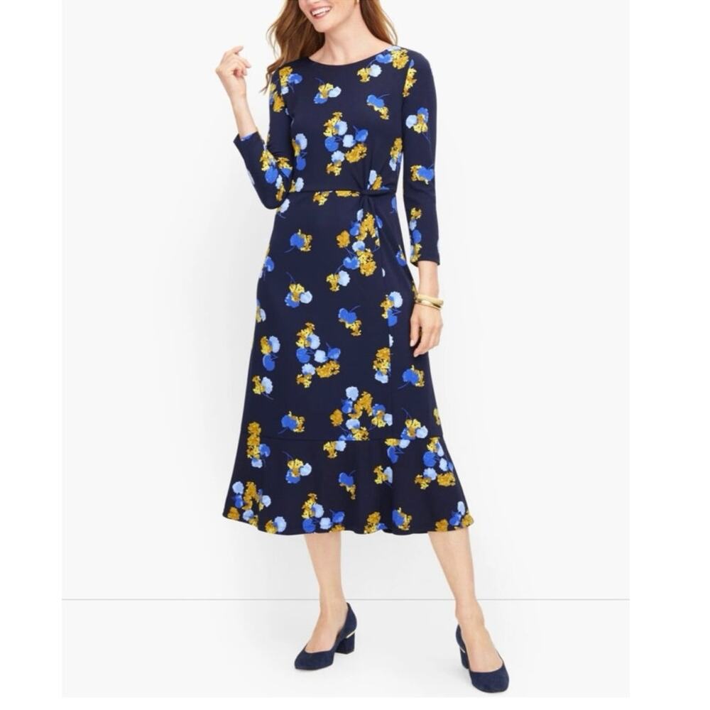 TALBOTS WOMEN'S Navy FLORAL PRINT JERSEY TWIST FIT & FLARE MIDI DRESS 16P Modest